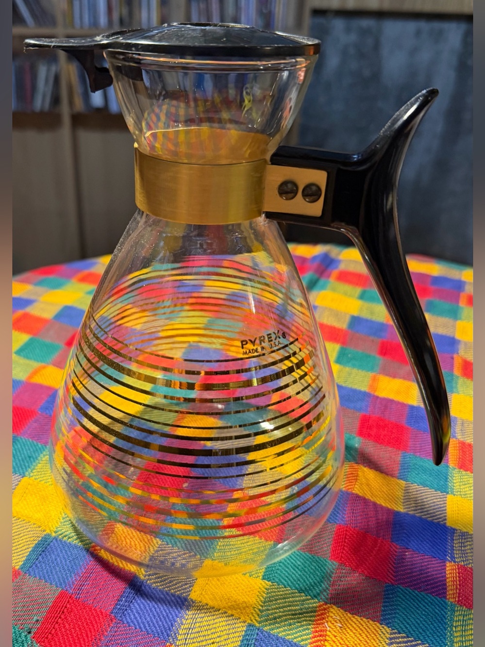 Vintage Pyrex Clear Glass Coffee Server With Gold Collar And Handle